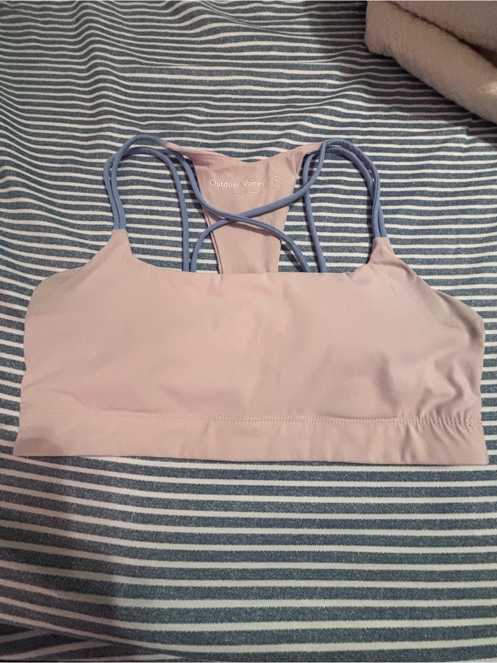 Outdoor Voices Blush Sports Bra with Blue Straps